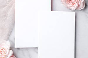 Blank vertical invitation cards mockup with delicate pink roses and sheer fabri, a Holiday Photo by Studio ANNA