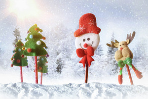 Children's background with snowman, reindeer and pines on snowy, a Holiday Photo by Davizro's Market