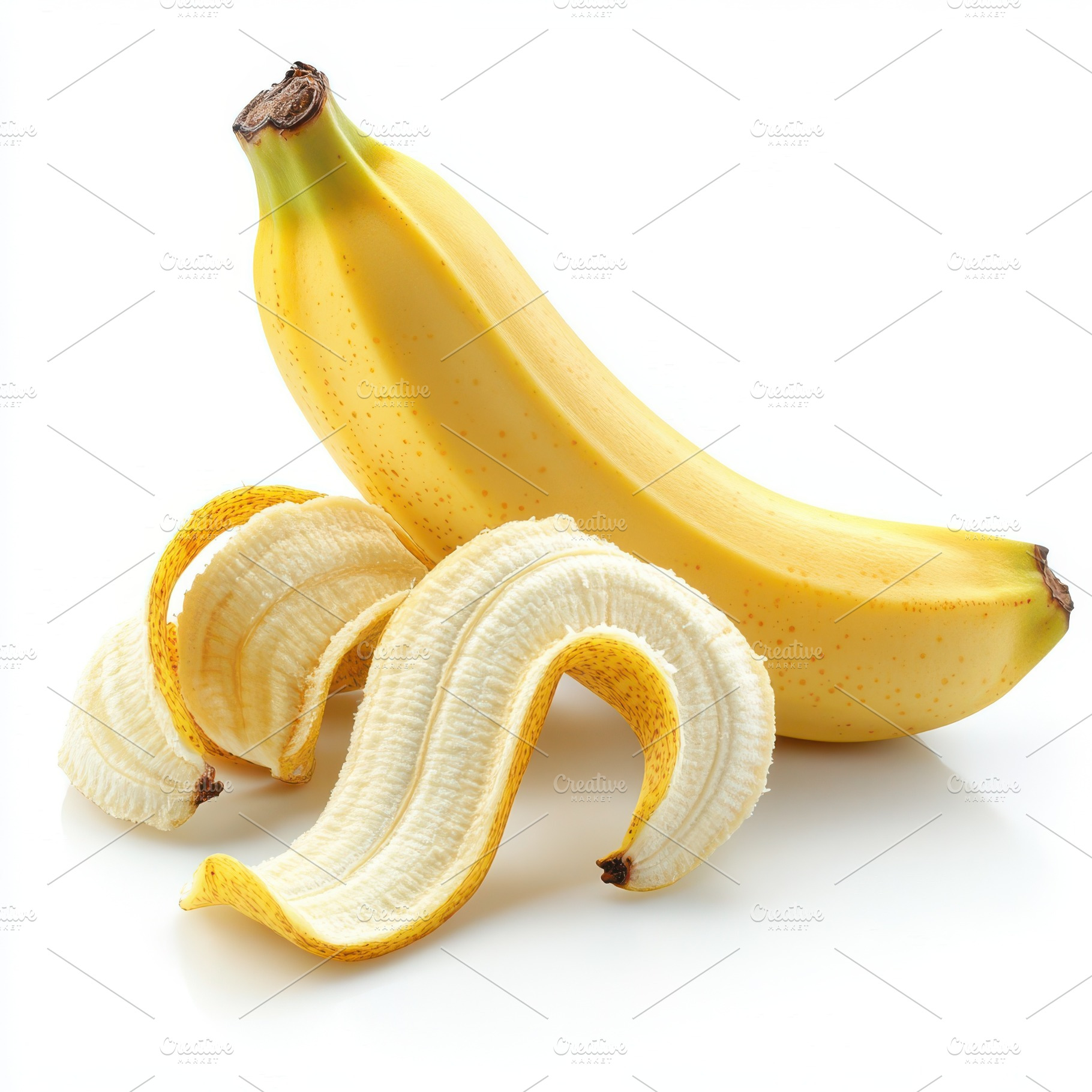 Peeled banana isolated on transparen, a Food & Drink Photo by Pixeness Studio