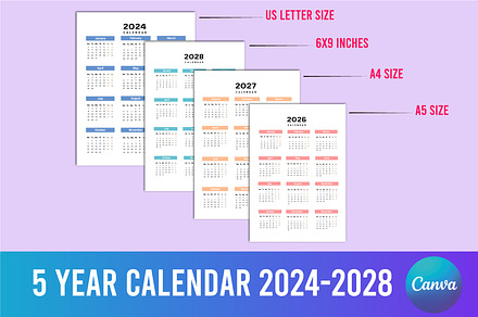 5 Year Calendar 2024-2028 For Canva, a Stationery Template by Shumaya