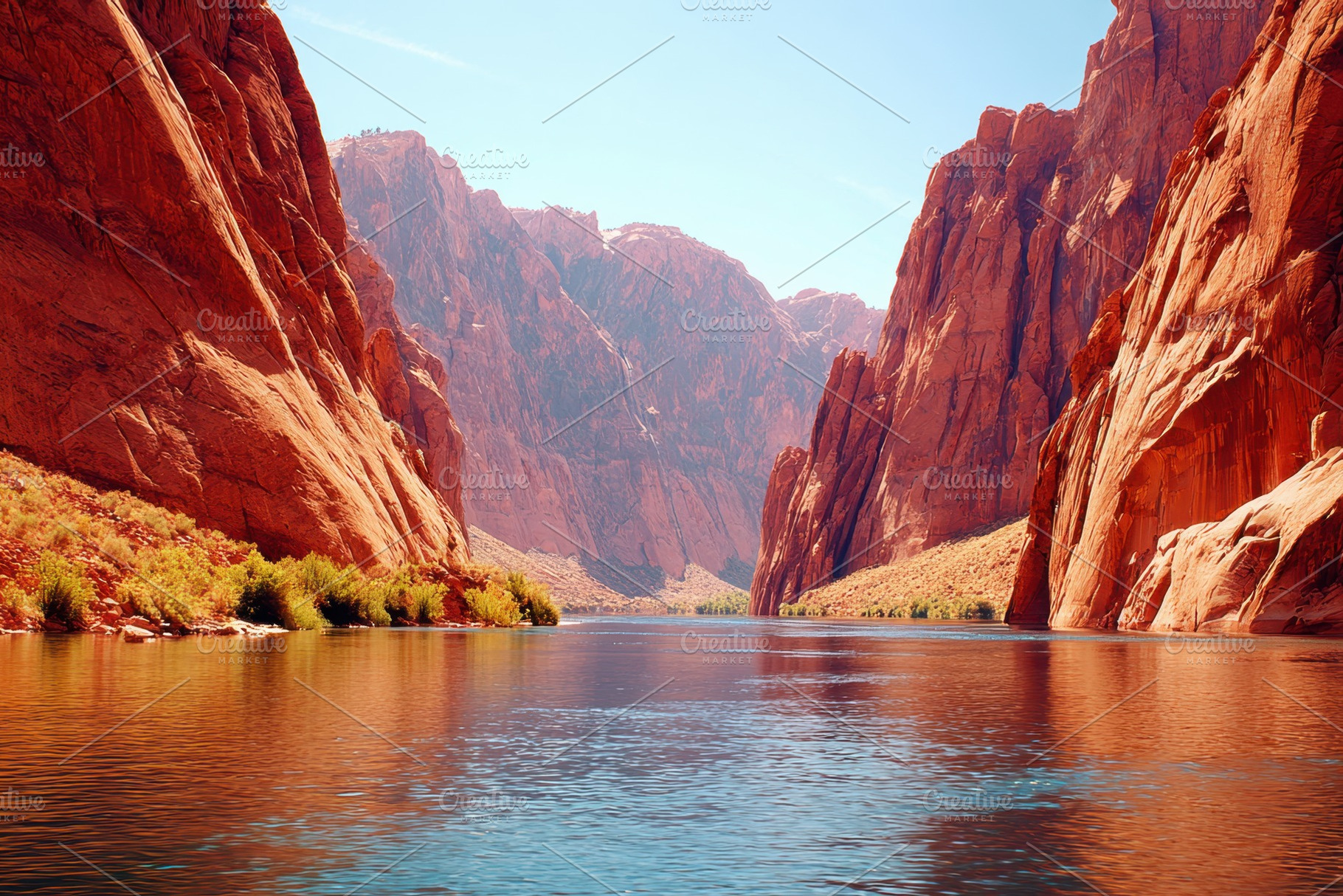 Serene river flowing through red rock canyons, a Nature Photo by AlyaAnd