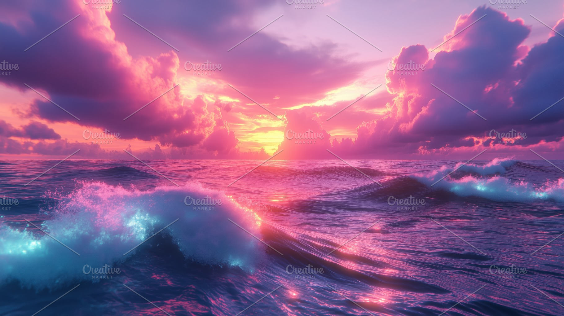 A serene ocean scene at sunset, featuring vibrant pink and purple hues in the s, a Photo by Textures & Backgrounds