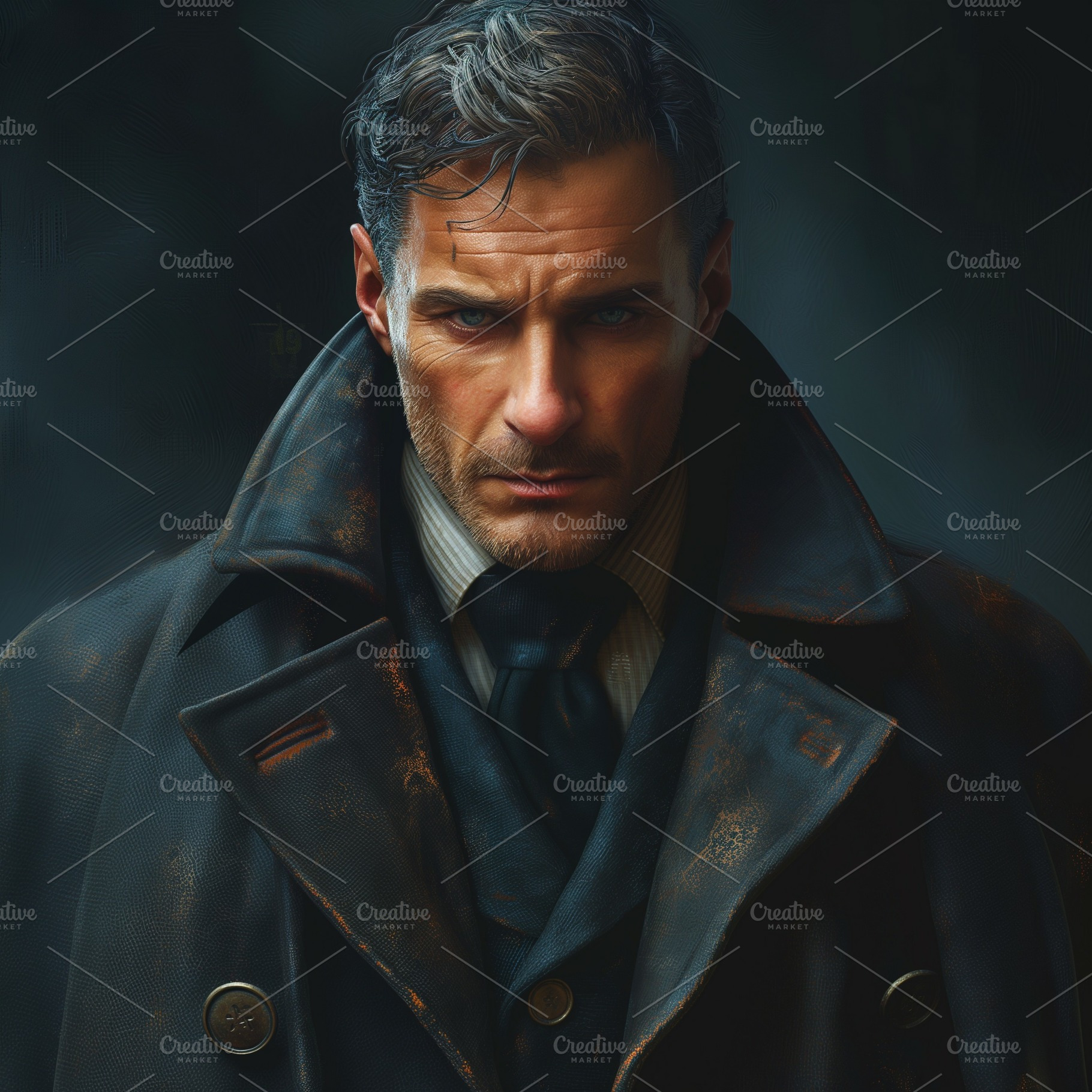 A brooding Caucasian man in a dark, vintage coat, exuding an air of mystery and, a Person Photo by ImageMir