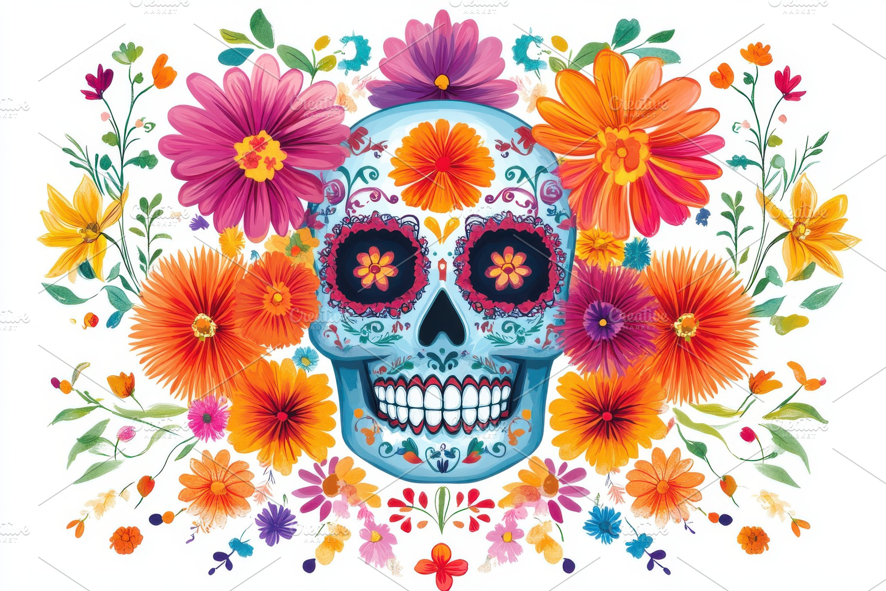 Sugar Skull adorned with vibrant flo, a Photo by Pixeness Studio
