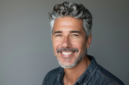 Portrait of mature man with grey hair on grey background, a Person Photo by AlyaAnd