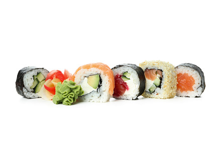 Different rolls and maki isolated on white background, a Food & Drink Photo by AtlasStudio PRO