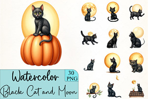 Black Cat and Moon Clipart, an Illustration by CrexoraLab