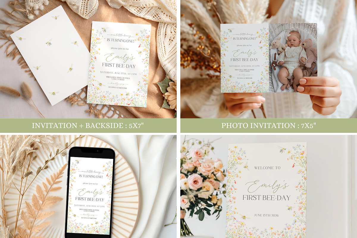 Editable Bee Day 1st Birthday Bundle, an Invitation Template by Digital_Mind (Photo 2 of 9)
