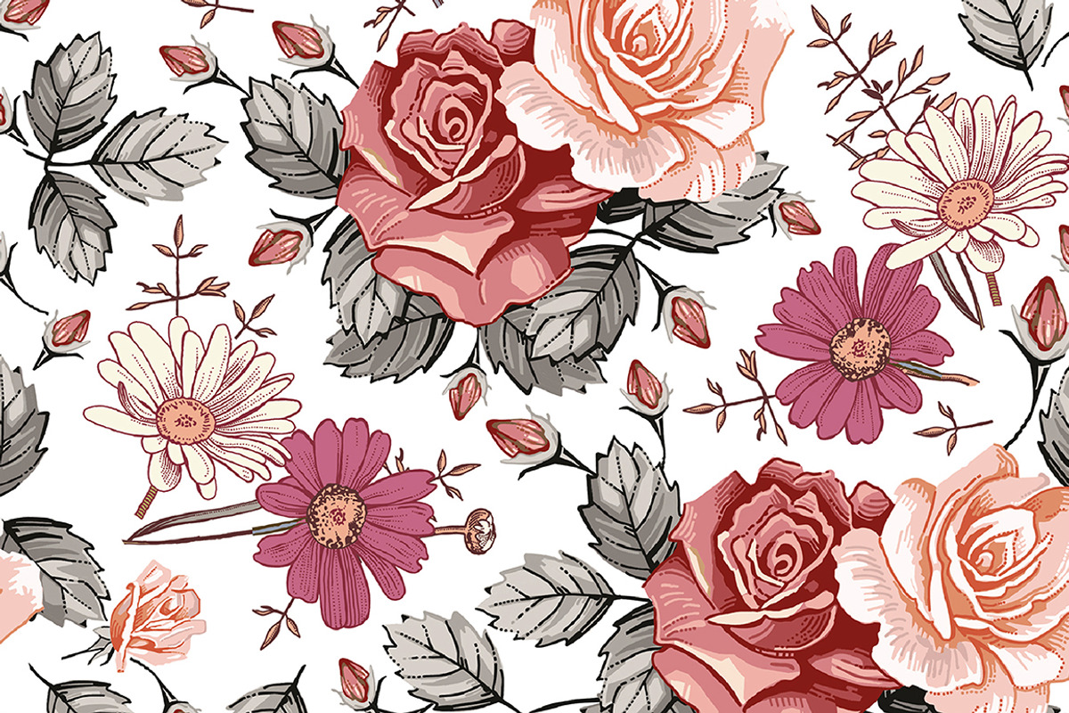 Seamless Flowers Rose Chamomile, a Pattern Graphic by Vintage (Photo 5 of 6)