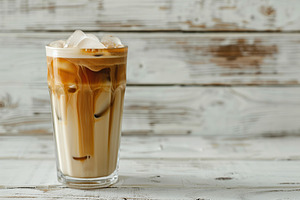 Glass of iced coffee on wooden background, a Food & Drink Photo by AlyaAnd