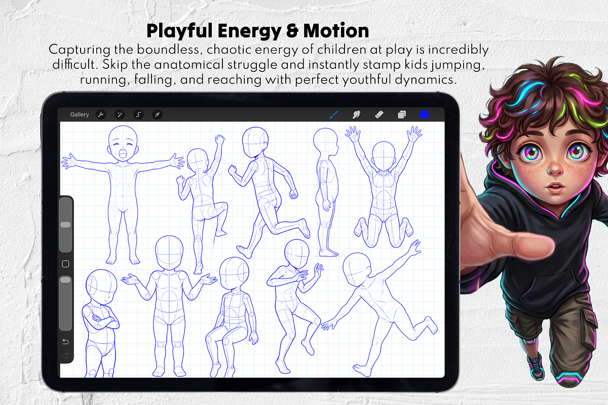 Kids Procreate Body Poses Stamps, a Brush Add-On by Selentaori Studio (Photo 6 of 11)