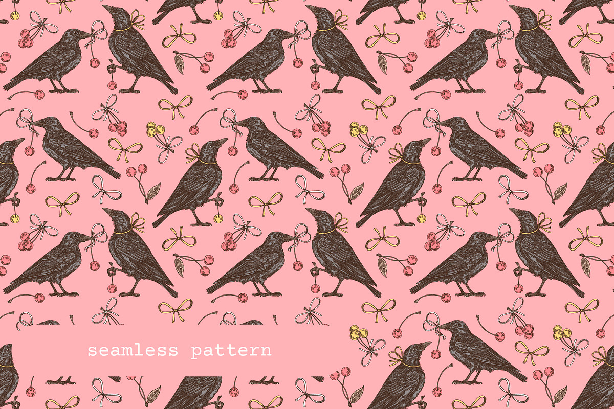 Cherry Crows. Seamless patterns, a Pattern Graphic by Kseniakrop (Photo 4 of 6)