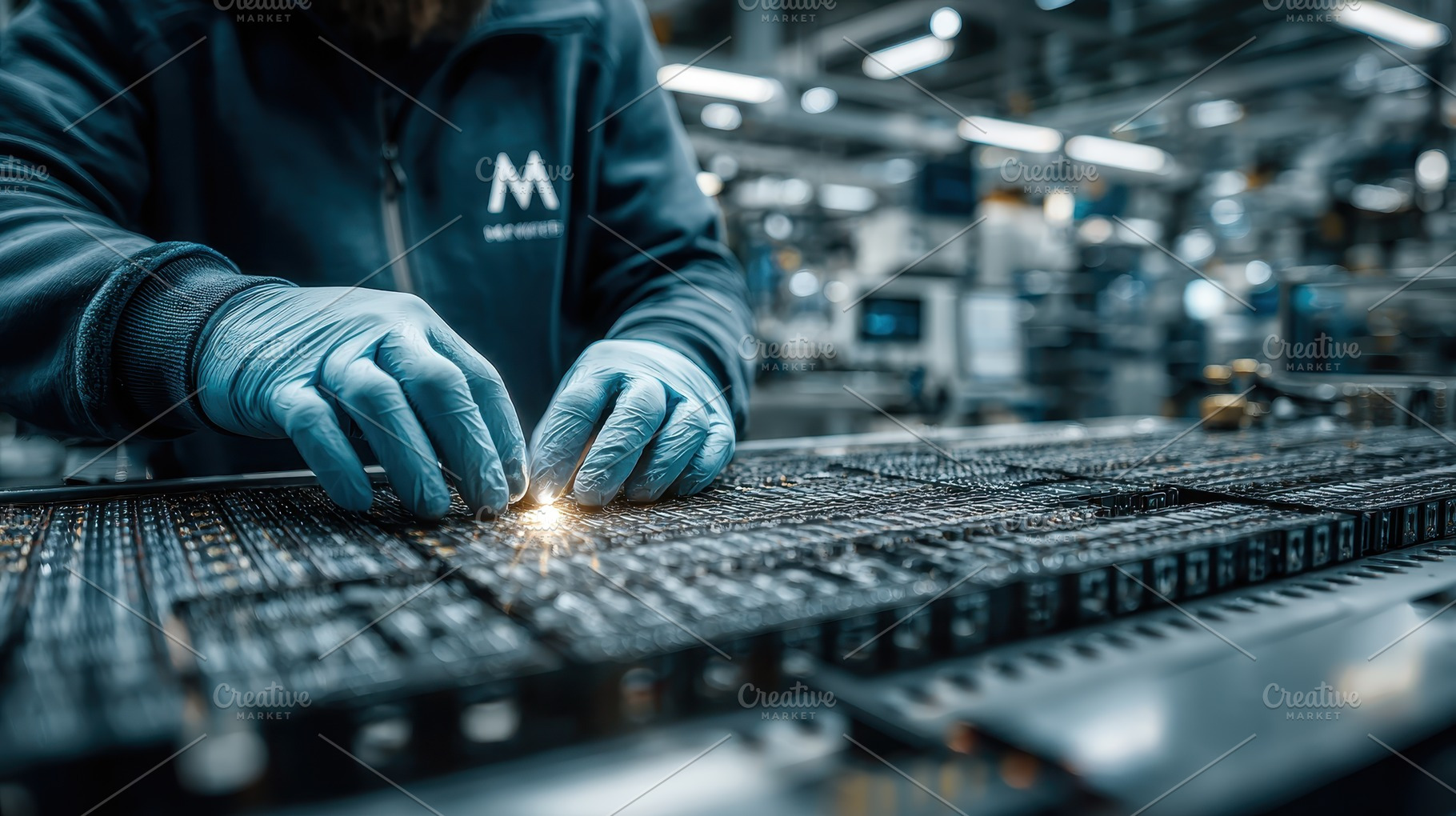 Gloved hands assembling intricate el, a Photo by Pixeness Studio