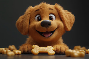 Playful puppy surrounded by dog trea, a Photo by Tanuart