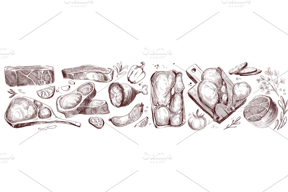 Raw meat cuts sketch set, a Food Illustration by art PVP - market