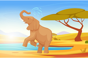 Elephant washing. happy wild african, an Animal Illustration by Onyx