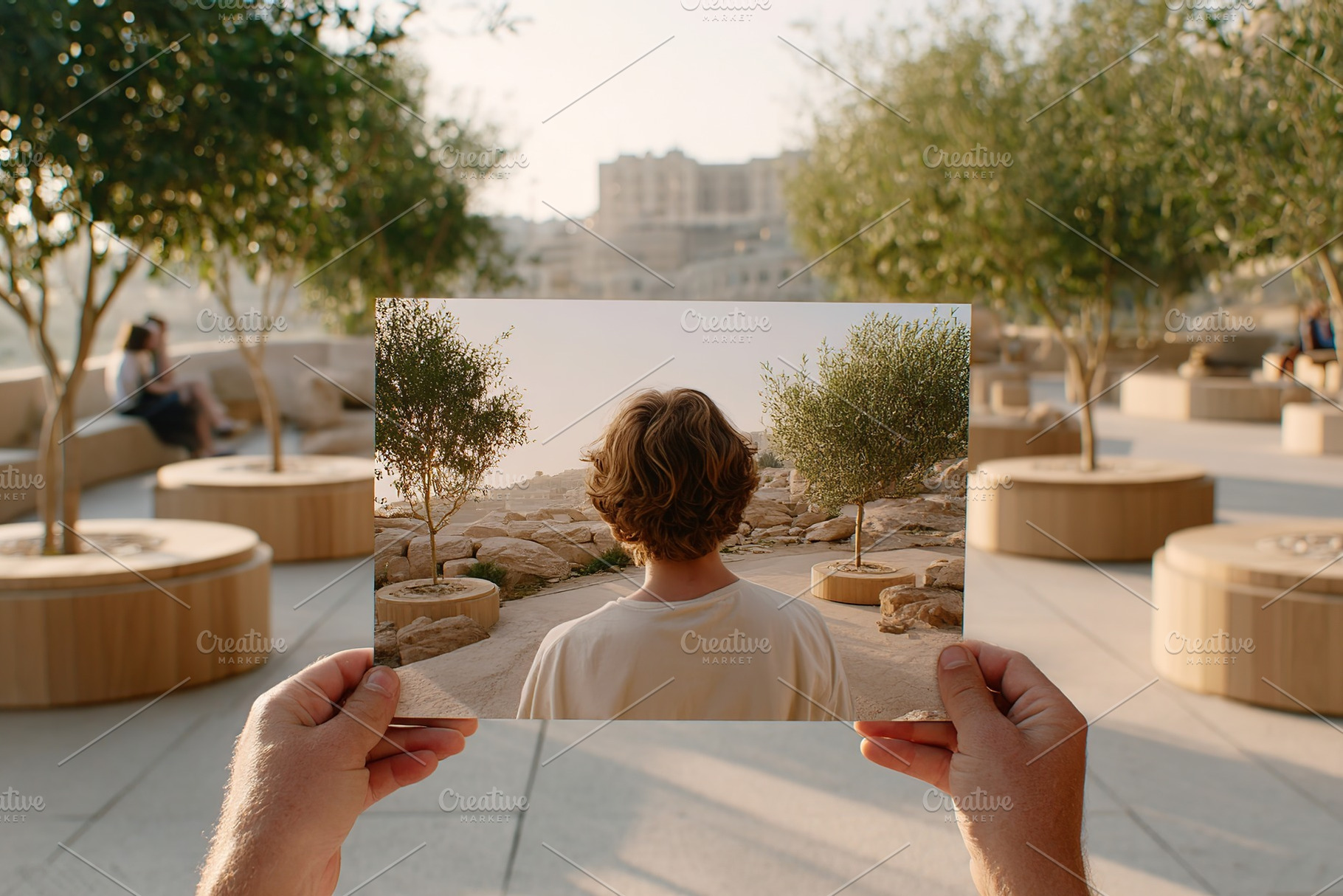 Young person holding mockup of serene landscape in outdoor urban space during d, a Photo by AlyaAnd