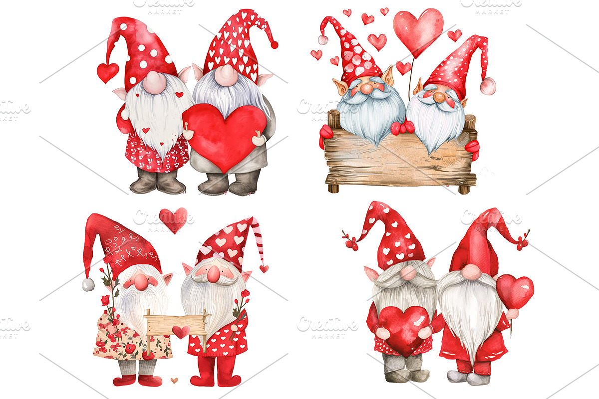 Valentine's Watercolour Gnomes, a Seasonal Illustration by VetalStock (Photo 1 of 3)