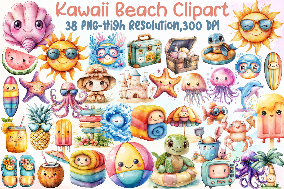 Kawaii Beach Clipart Bundle, an Illustration by Sublimation Artist (Photo 1 of 6)
