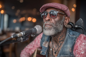 Elderly black musician performing with passion wearing stylish sunglasses and a, a Photo by AS photostudio