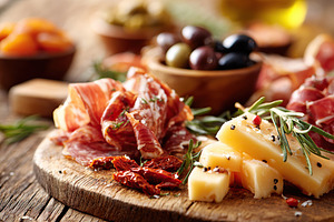 Delicious antipasto platter featuring cured meats and assorted cheeses ready fo, a Food & Drink Photo by AlyaAnd