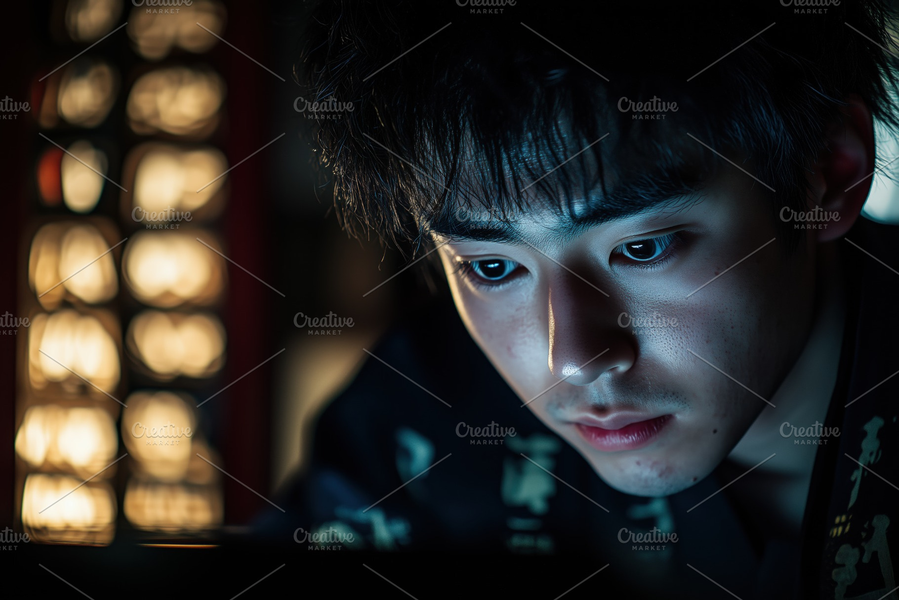 Japanologist. A young man focused on a task, illuminated by soft light. He has, a Person Photo by Textures & Backgrounds