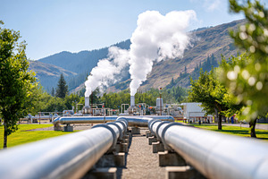 Industrial landscape with pipelines and steam emissions, an Industrial Photo by AlyaAnd