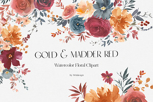 Gold & Madder Red Watercolor Flowers, an Illustration by whiteheartdesign
