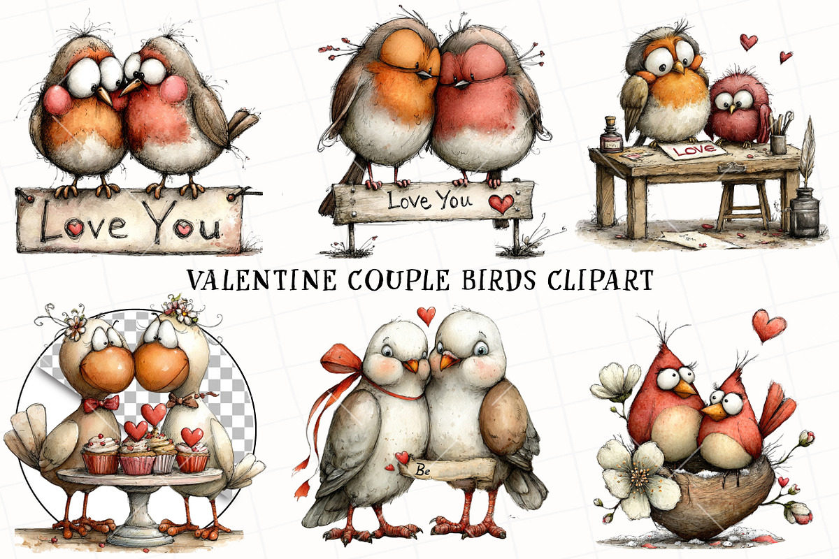 Valentine Couple Birds Clipart, an Illustration by OK Design (Photo 3 of 6)