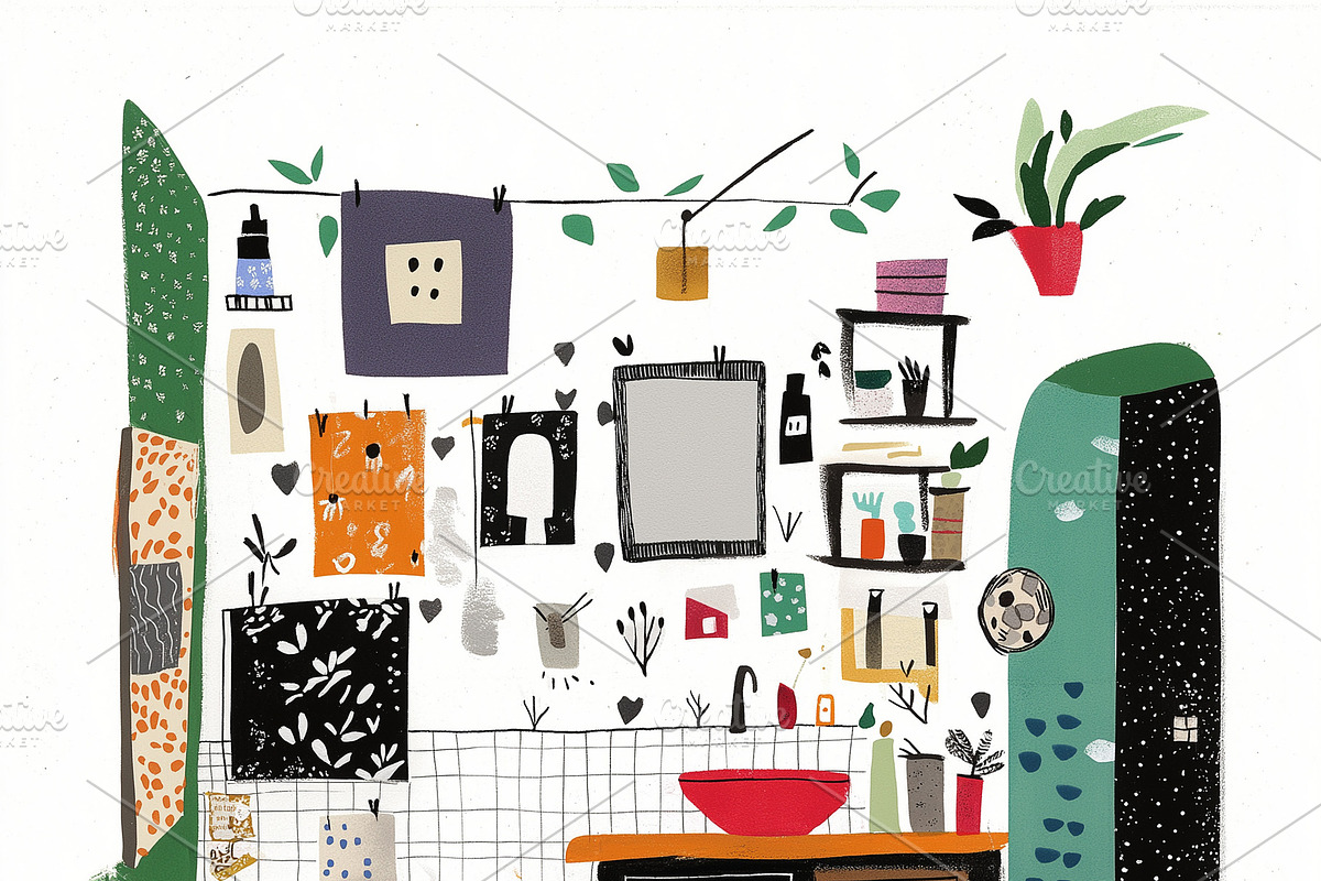 Overly decorated bathroom interior, an Empty State Illustration by Sybillla