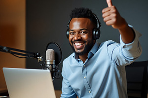 Happy men podcast in studio, a Business Photo by Stock Shape