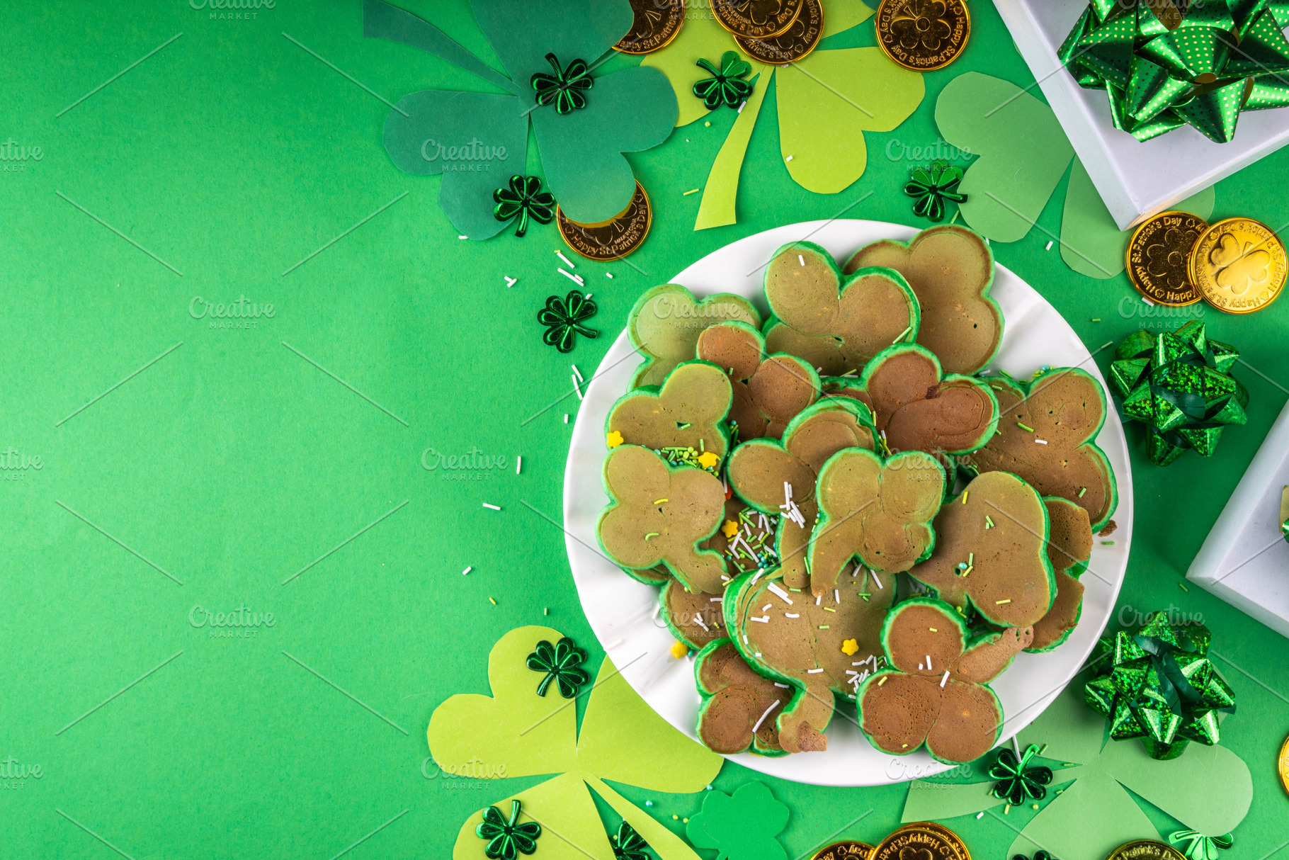 Shamrock shaped green tasty sweet pancakes for St Patricks day b, a Food & Drink Photo by Rimma