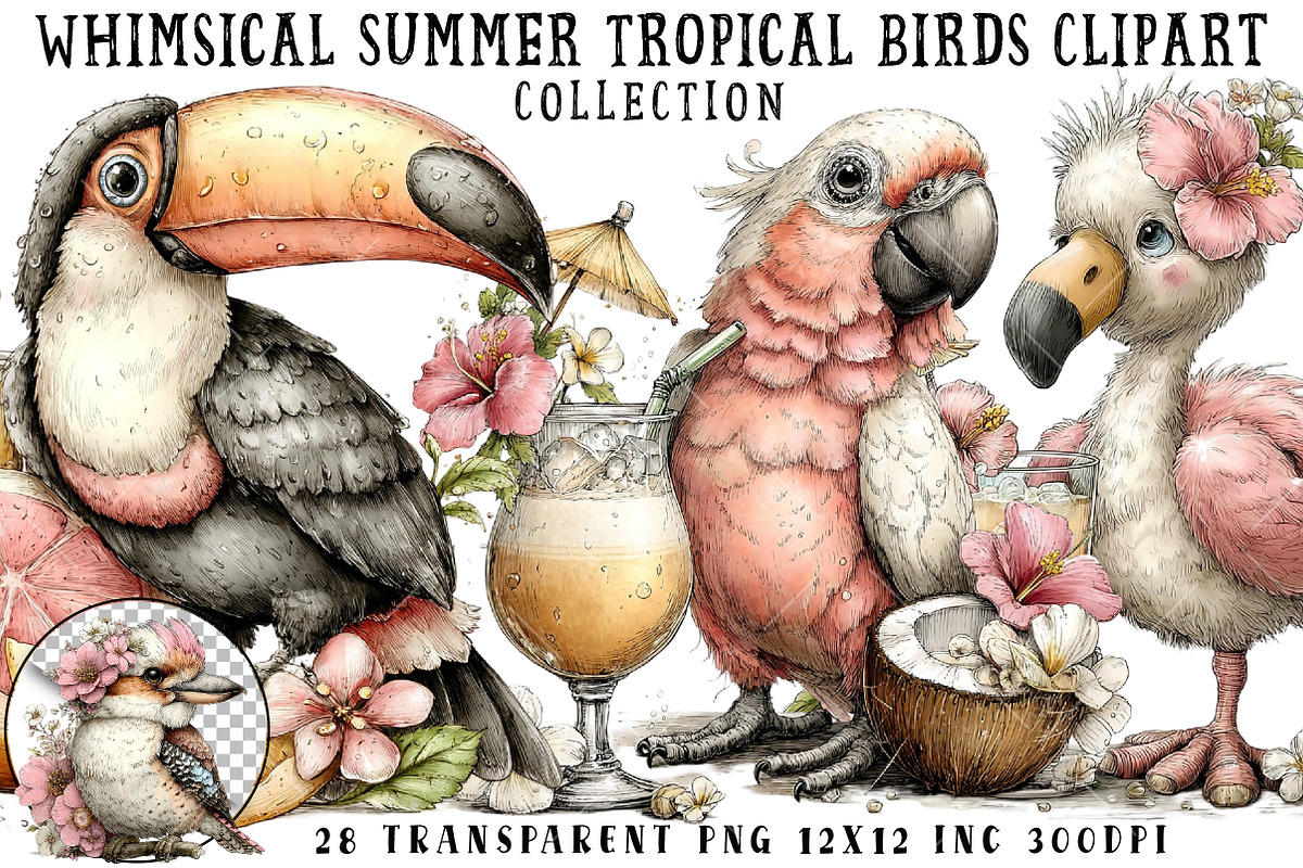 Whimsical Summer Tropical Birds Clip, an Illustration by OK Design (Photo 1 of 6)