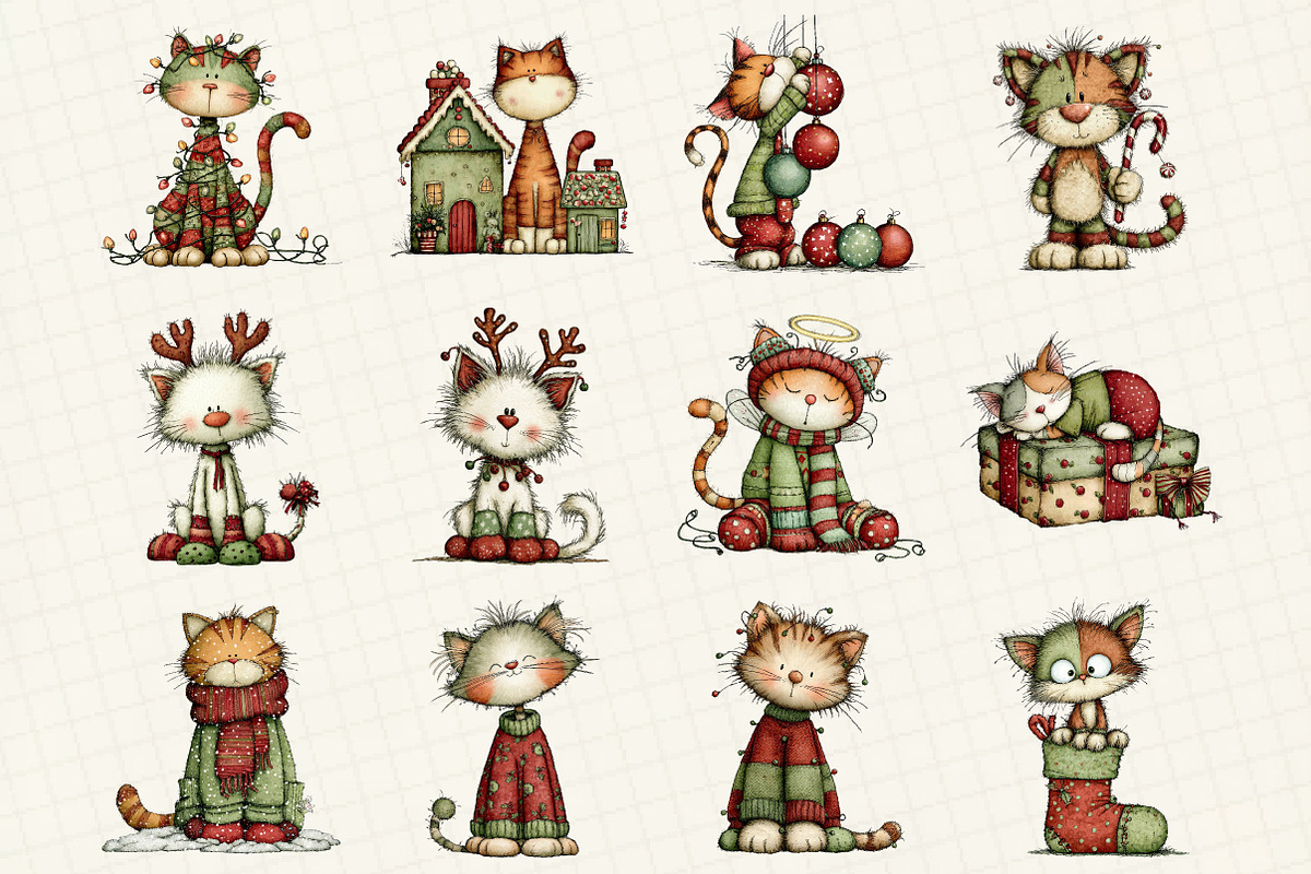 Whimsical Christmas Cat Clipart, an Illustration by DreamCafeArt (Photo 2 of 6)