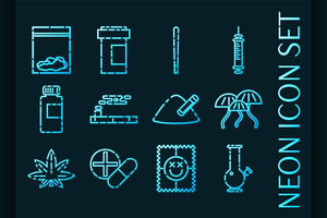 Set of Drugs Blue glowing neon icon