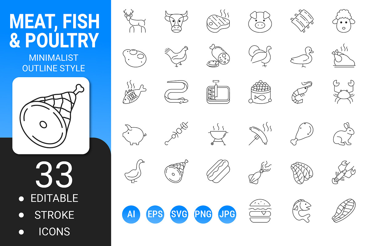 Meat, fish, and poultry icon set, an Outline Icon by Icons (Photo 1 of 3)