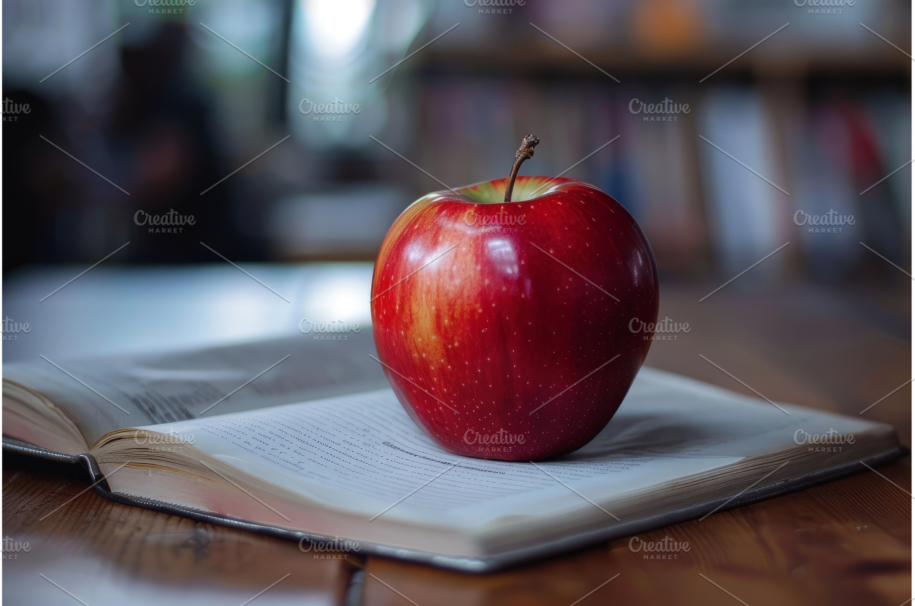 Red apple resting on top of open, a School & Education Photo by Ylivdesign
