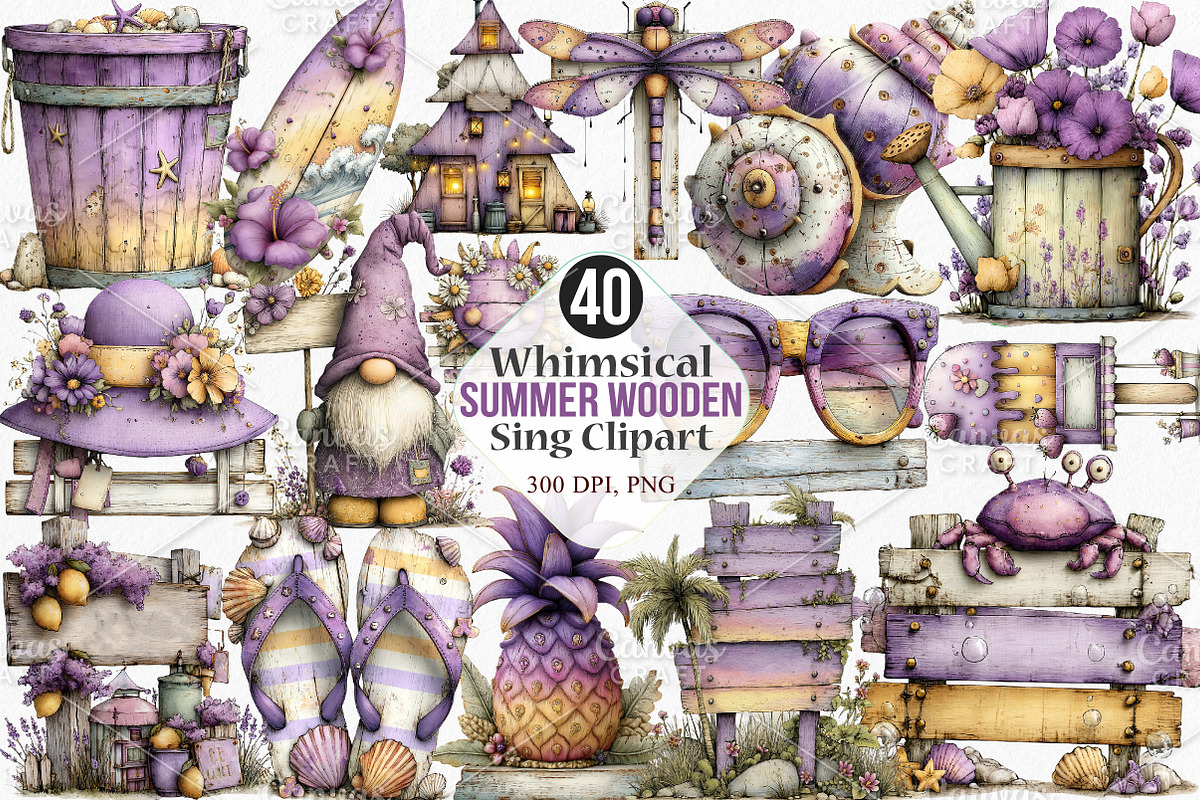 Whimsical Summer Wooden Sing Clipart, an Illustration by Canvas Craft (Photo 1 of 7)