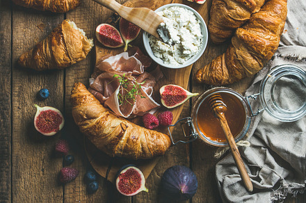 Breakfast with croissants containing breakfast, croissant, and ricotta, a Food & Drink Photo by Foxys