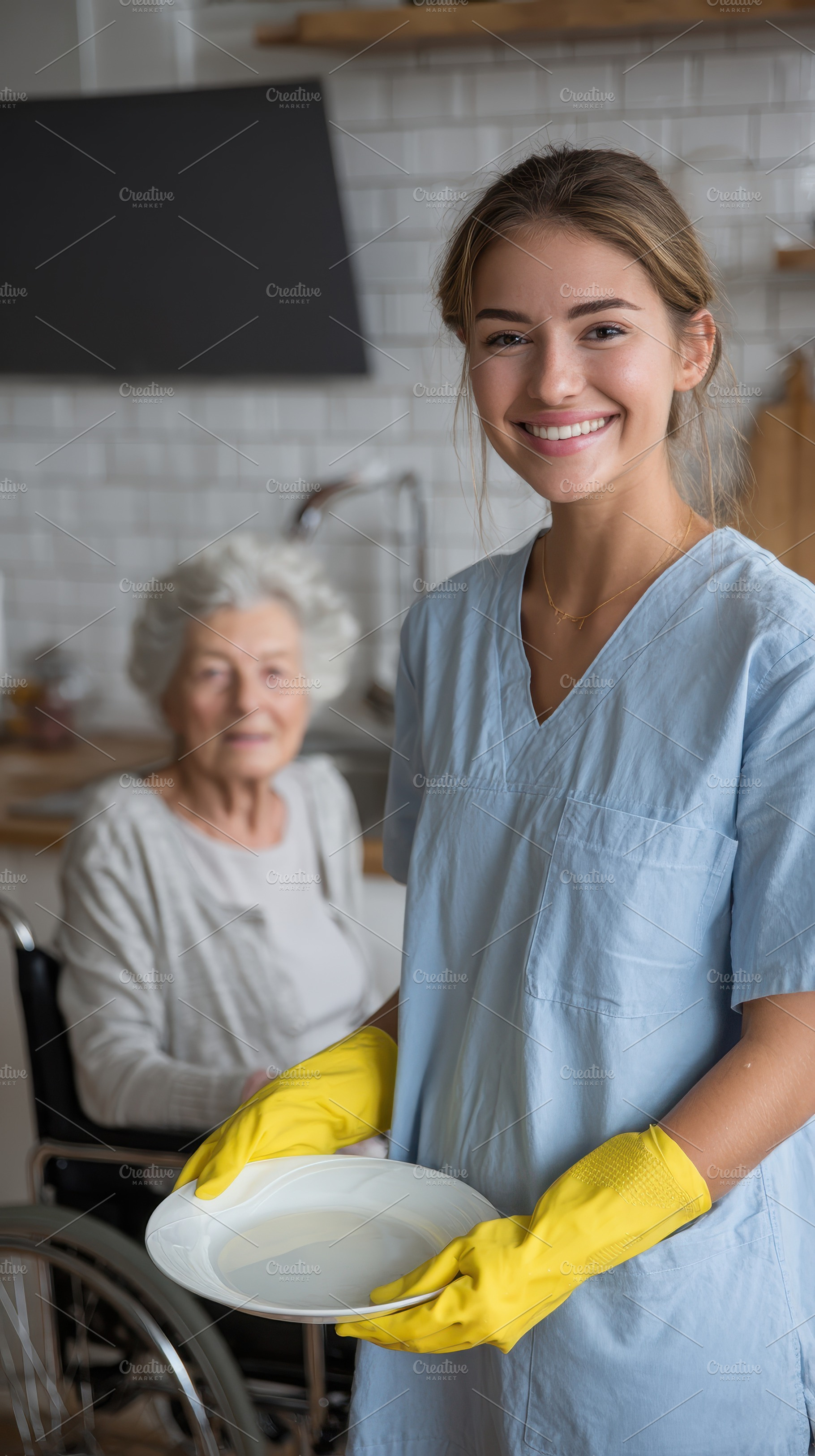 Young caregiver smiling holds plate, a Photo by Pixeness Studio