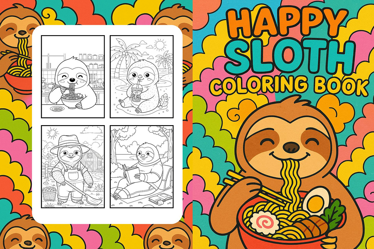 Happy Sloth Coloring Book, an Illustration by Image for Sale