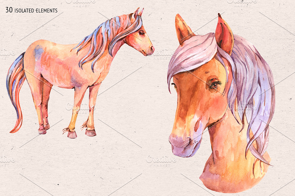 Watercolor Horse Unicorn Clipart, an Animal Illustration by Belusuab (Photo 8 of 18)