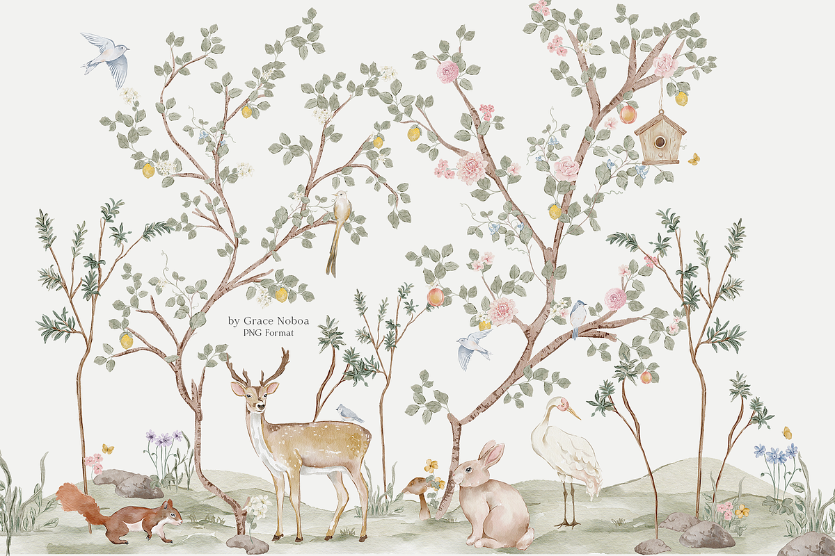 Woodland Chinoiserie Pattern scene, a Wallpaper Graphic by Grace Noboa Illustrations (Photo 6 of 14)