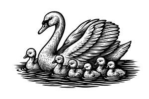 Swan and baby swan swimming on water, an Animal Illustration by yod67