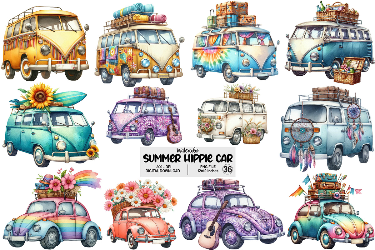 Hippie Car for Summer Watercolor PNG, an Illustration by Pixels.Craft (Photo 1 of 8)