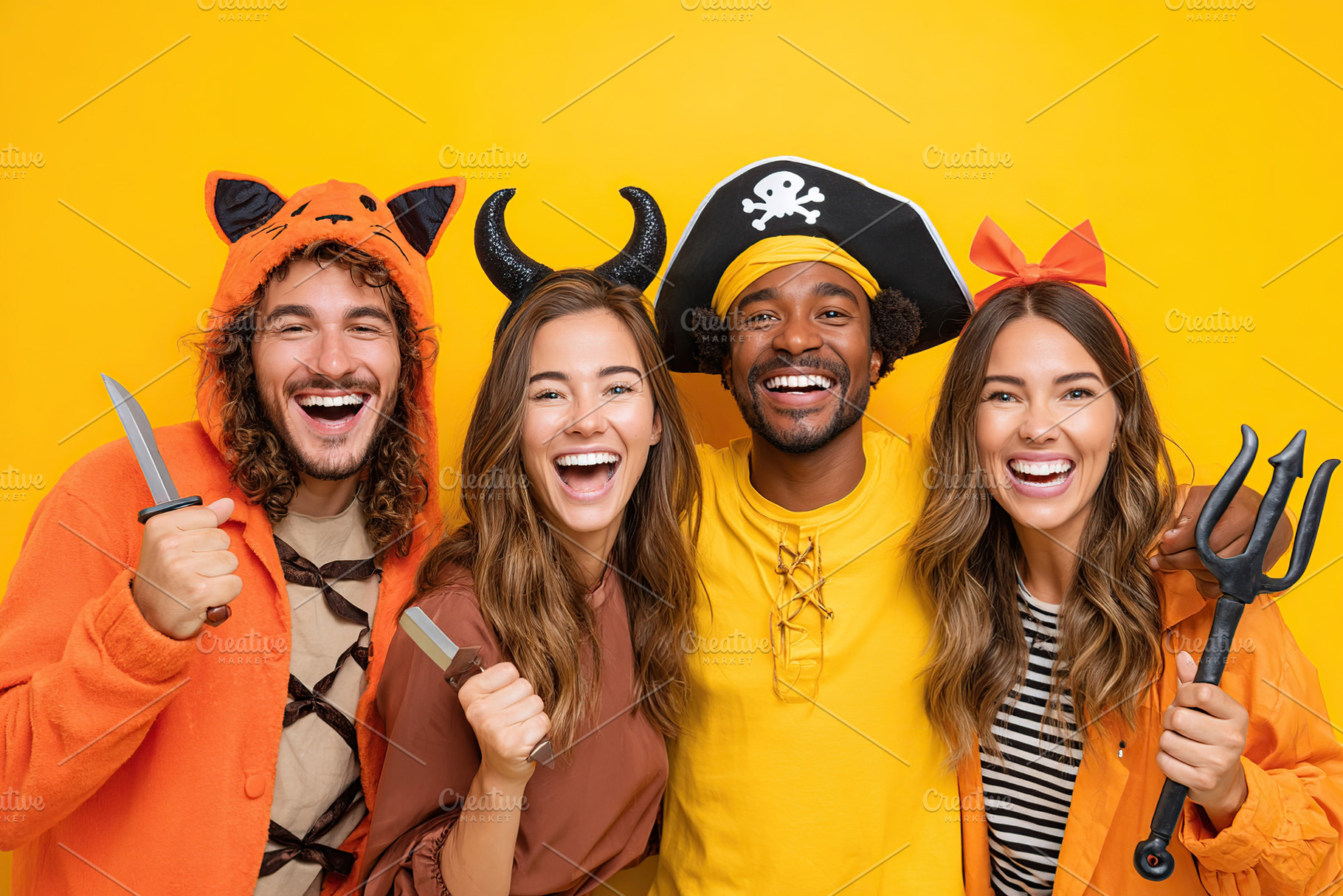 Friends celebrate together in colorful costumes against a vibrant yellow backdr, a Person Photo by AlyaAnd