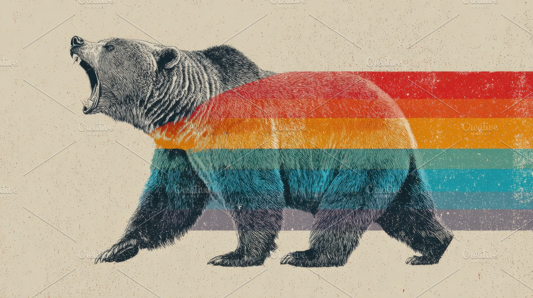 Bear walks against colored stripes, a Photo by Beautiful things