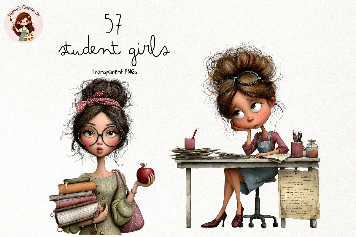 Student Girls PNG Clipart Bundle, a Person Illustration by Nicolle's Colorful Art (Photo 1 of 5)