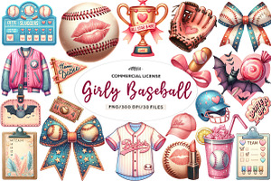 Watercolor Retro Girly Baseball Clip, an Illustration by CreationArt