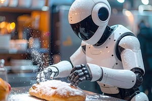 Futuristic pastry robot decorating bread with powdered sugar, an Industrial Photo by GoodGoods